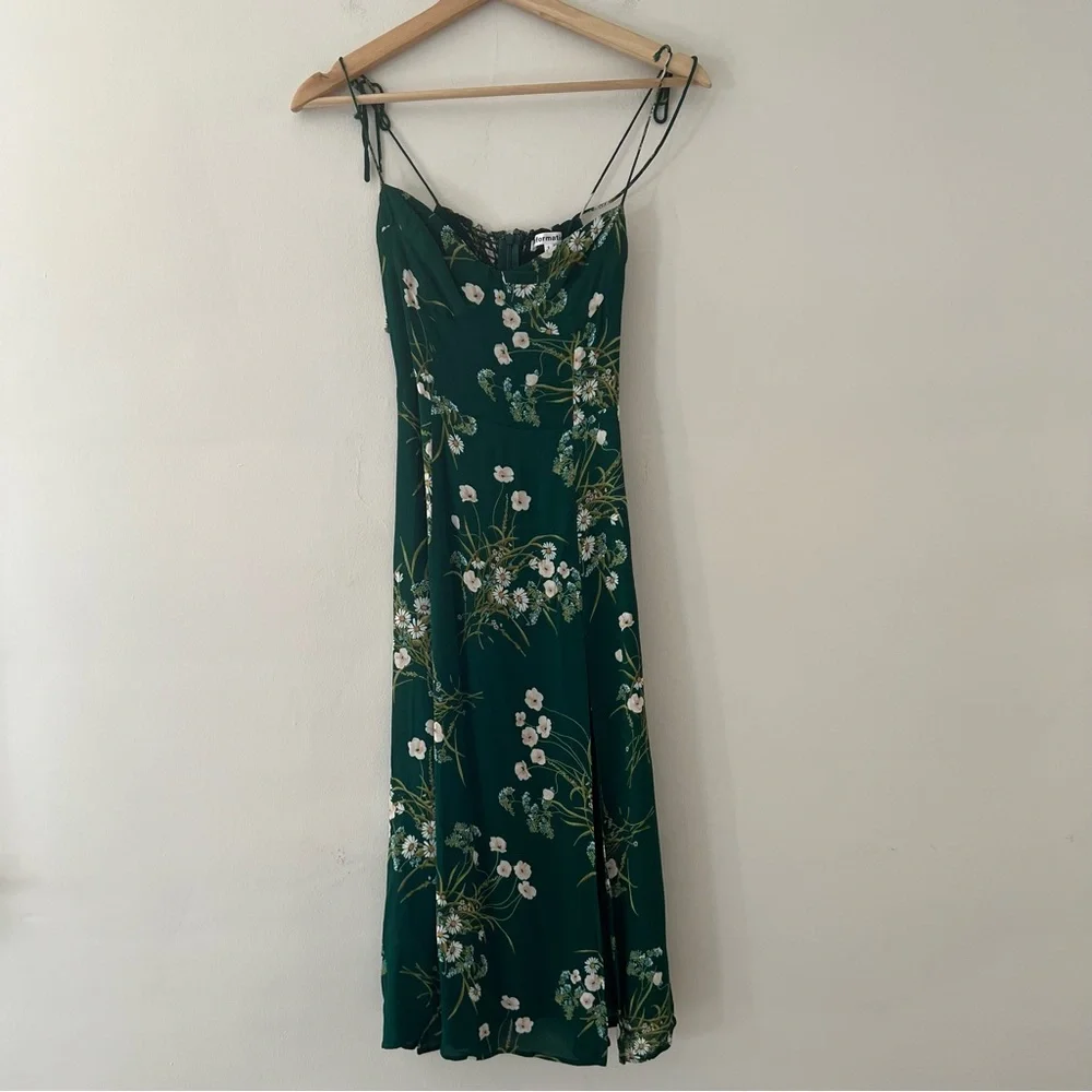 Reformation Juliette Dress Green Floral Midi Tie Spaghetti Straps Size 2 - Picture 2 of 8